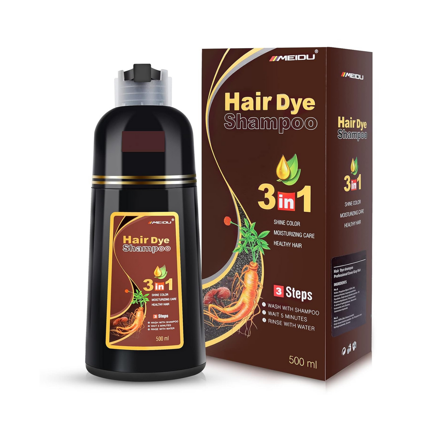 Champú Tinte para Cubrir las Canas Shampoo 500ml, 3 en 1